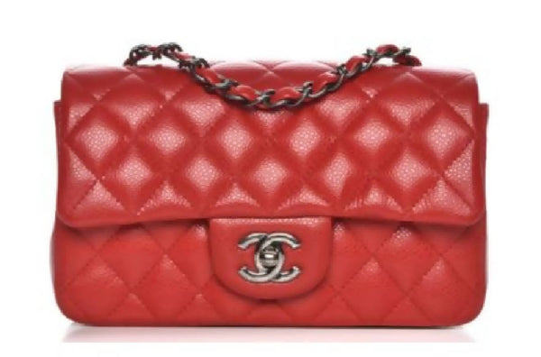Chanel Rectangular Flap Diamond Quilted Mini Red in Caviar with Silver-tone