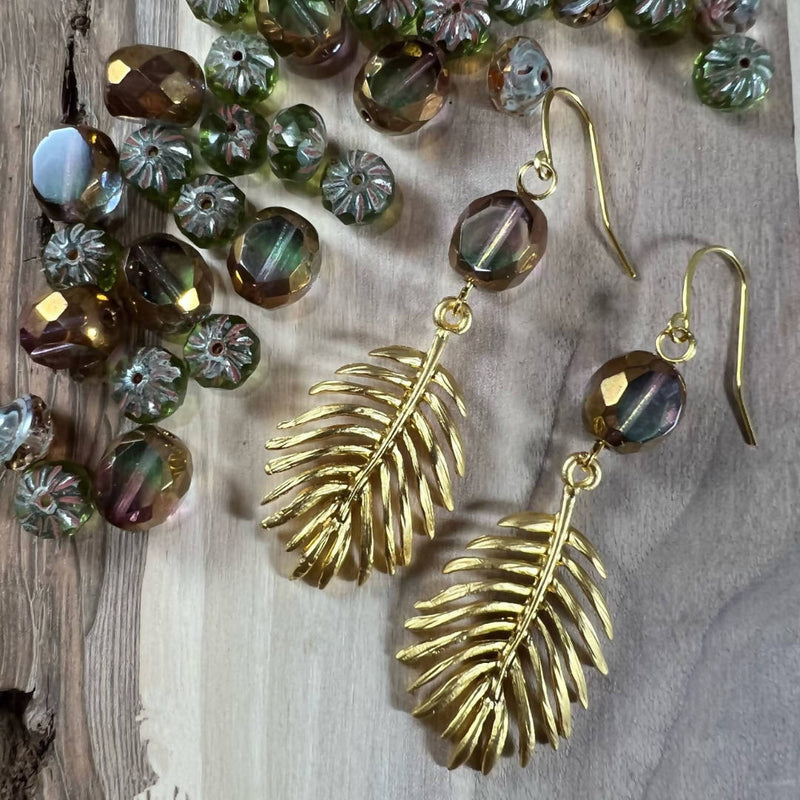 Faceted Round + Gold Monstera Leaf Earrings
