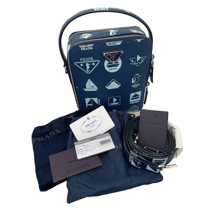 New PRADA Saffiano Boat Limited Edition dark blue colour Graphic printed crossbody bag with detachable strap