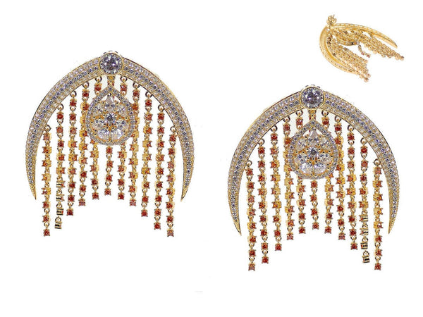 Gold Chandelier Earrings set in deep orange cubic zirconia 5 CHANORNGE
