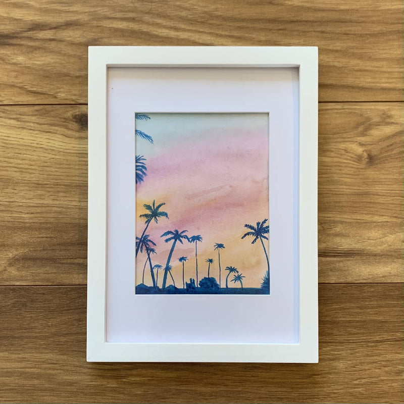 Bright Sky Palms silhouette Watercolour Painting Wall Décor in a White Wooden Frame