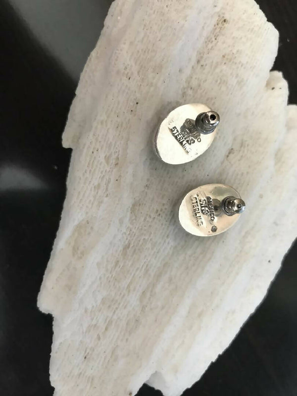 Native American Sterling Oval Cut Malachite Earrings