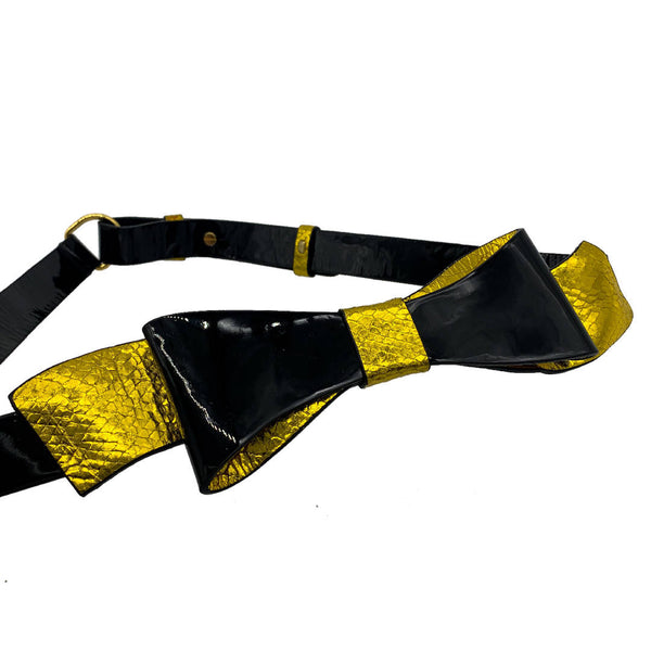 vintage bright yellow and black oversized bow metallic skinny waist belt by Galaday