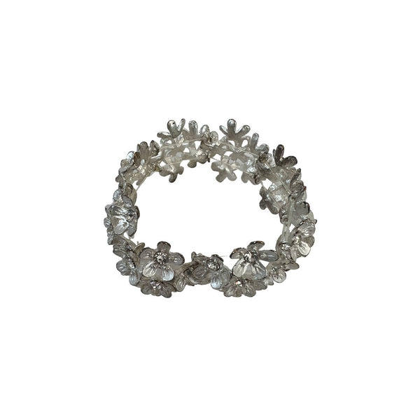 Vintage Silver Tone Flower Mesh with Rinestones Bracelet Free Size