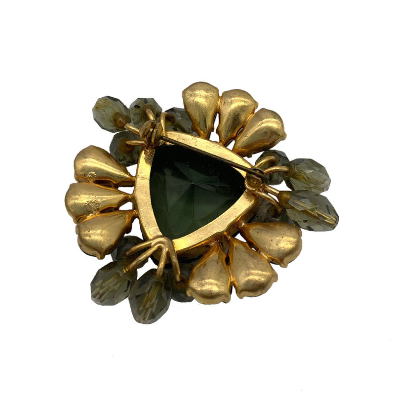 Vintage glass decorated dark green color brooch with cluster of crystal all around
