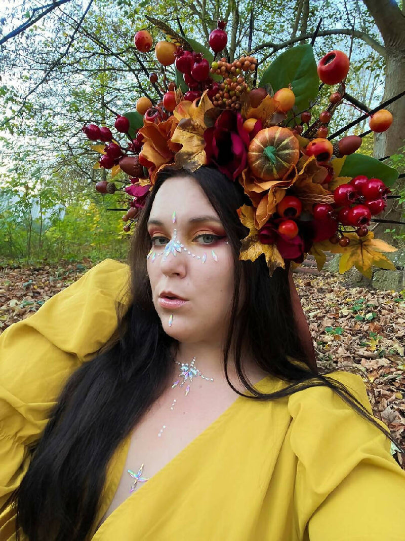 Large crown with flowers, Orange wood Halloween crown, Gothic queen headdress, Large Halloween headdress