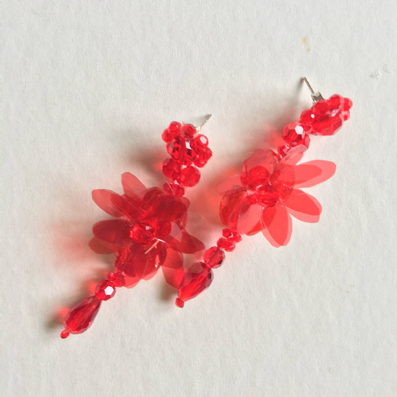 Shiny handcrafted red floral earrings