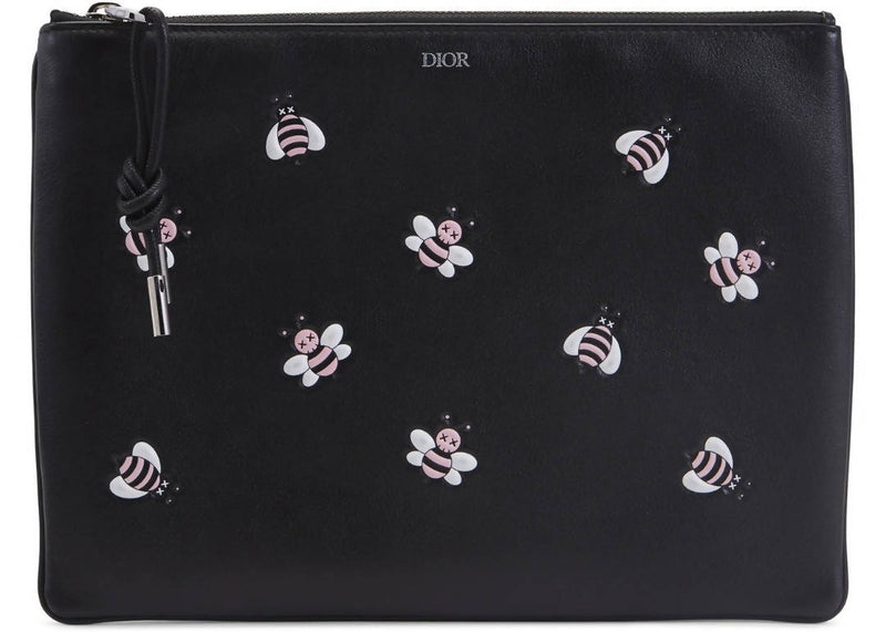 Dior x Kaws Pouch Pink Bees Black in Calfskin with Silver-tone
