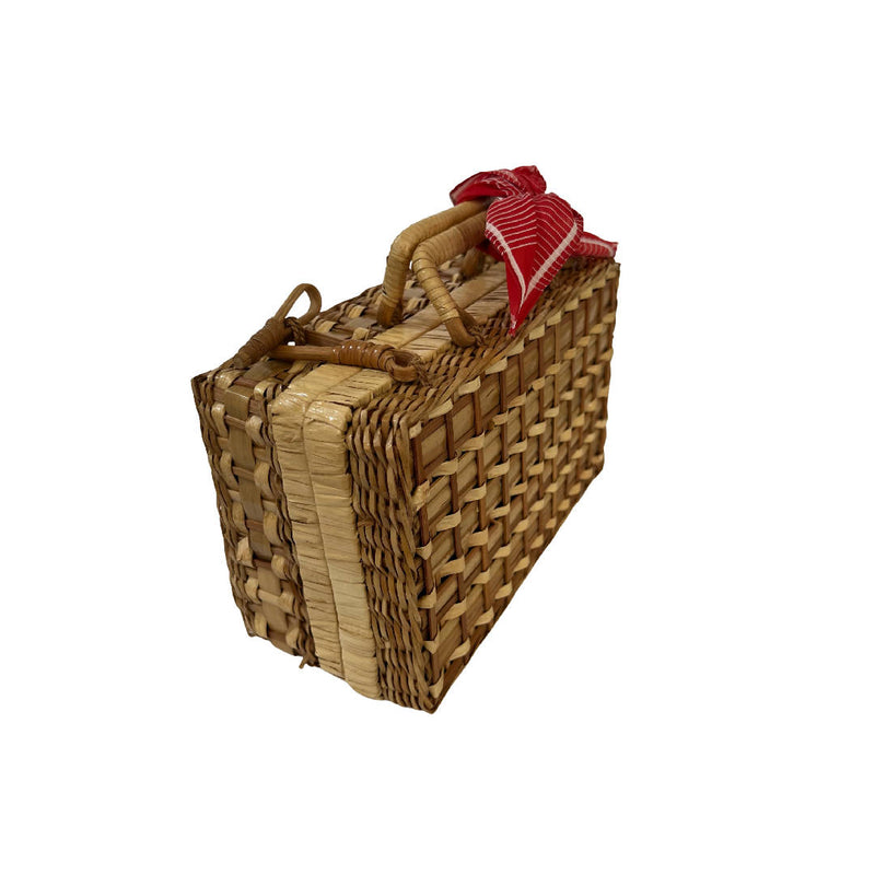 Vintage 1960's Bamboo Mini Wicker Picnic Bag with Red Scarf
