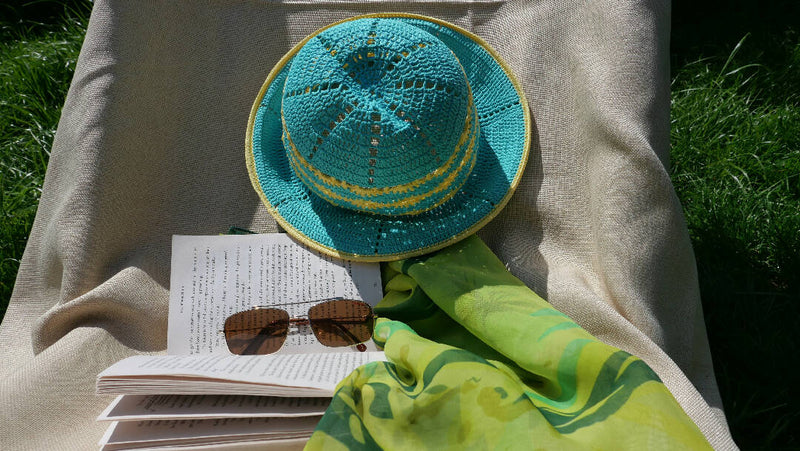 Linen teal green yellow crochet garden hat, sun protect granny beanie, summer bucket hat, bonnet cottagecore headwear, honeycomb cute hat