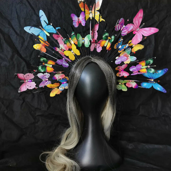 Rainbow Butterfly Headband Fascinator Crown, Lolita Crown, Music Festival Garden Burning Man Woodland Fairy Costume, Birthday Girl Crown