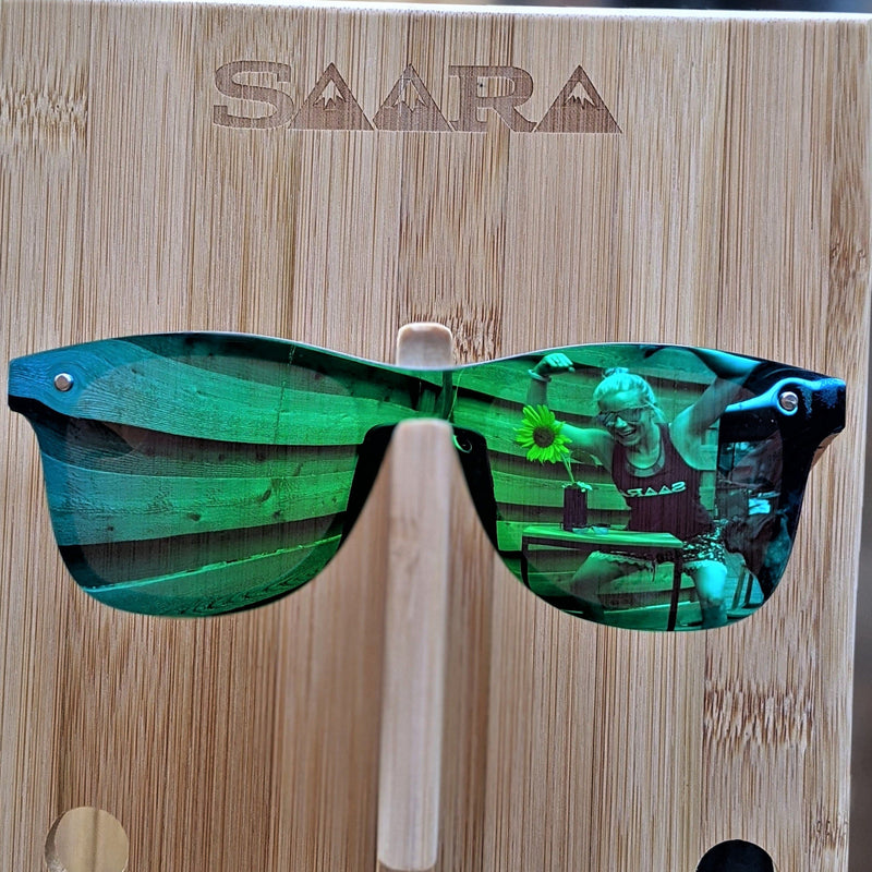 Emerald Sky - Green/Blue Polarized SAARA Shades Zebra Wood Arms