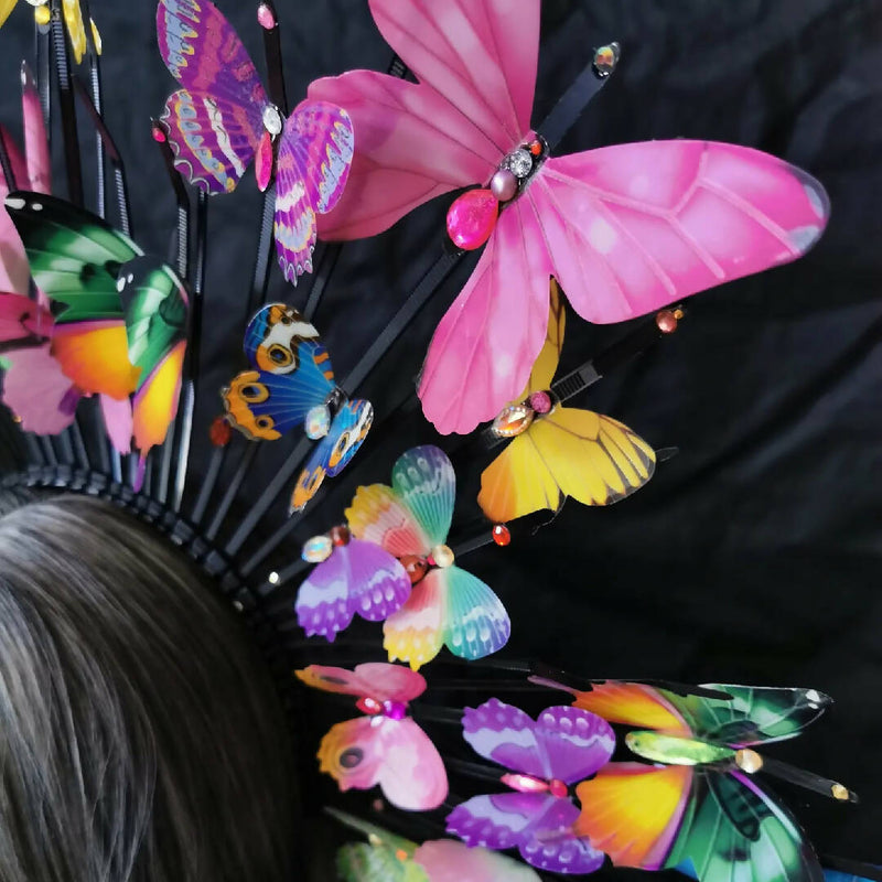 Rainbow Butterfly Headband Fascinator Crown, Lolita Crown, Music Festival Garden Burning Man Woodland Fairy Costume, Birthday Girl Crown