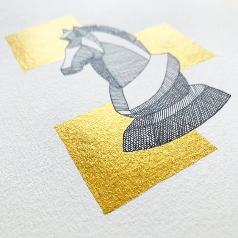 Metallic Gold Watercolour Black Ink Chess Horse Painting Wall Decor in a White Wooden Frame