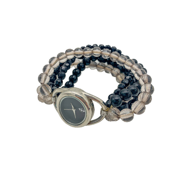 Decorative chic vintage beaded band quartz watch in black and clear colours