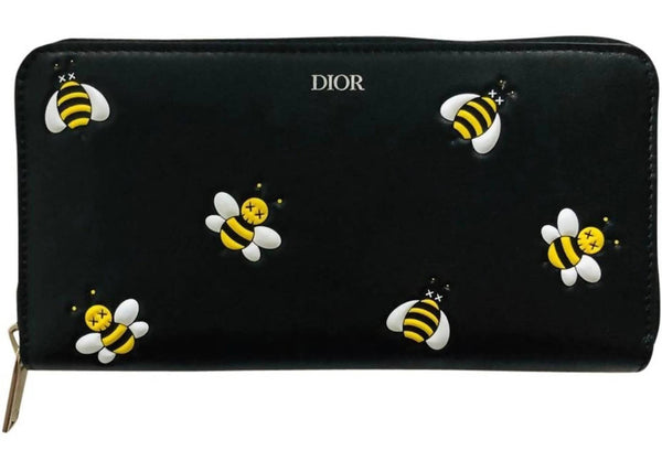 Dior x Kaws Wallet Yellow Bees Black in Calfskin with Silver-tone