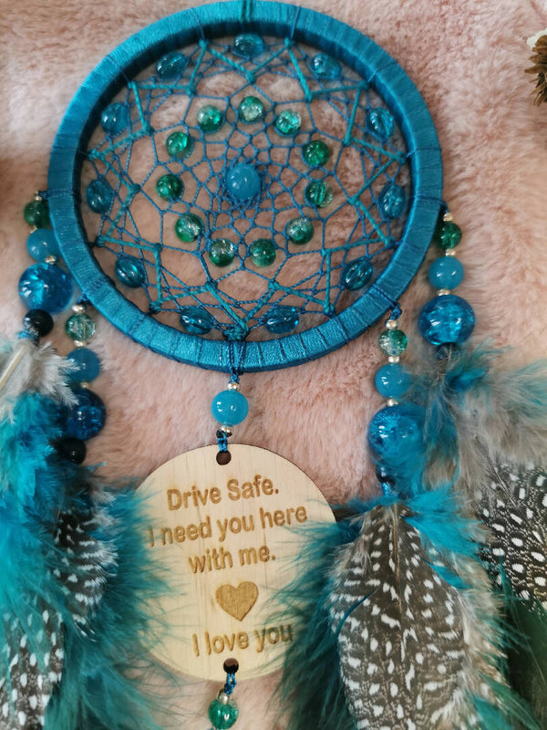 Drive Safe I Need You here with me, i love you, Dream catcher for your car, Small Teal dreamcatcher, Marmaid color car hanging Dreamcatcher