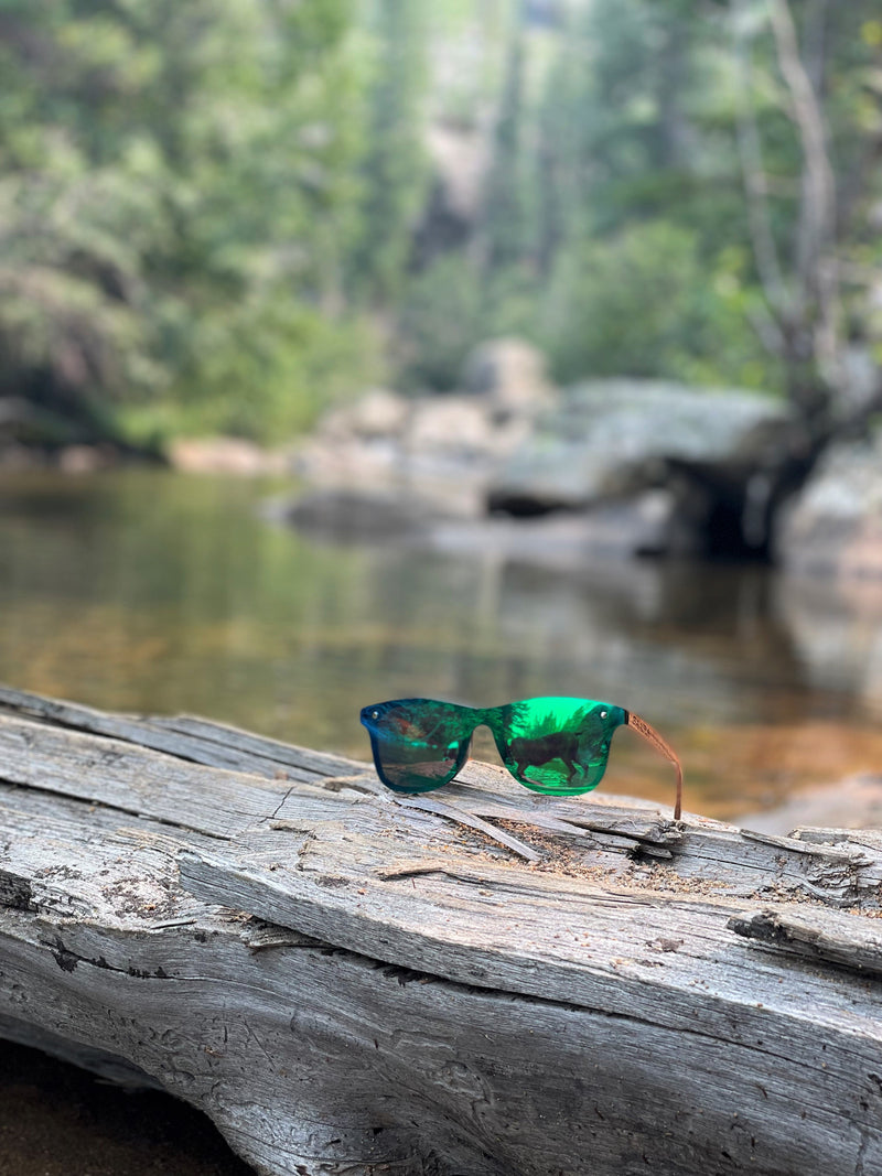 Emerald Sky - Green/Blue Polarized SAARA Shades Zebra Wood Arms