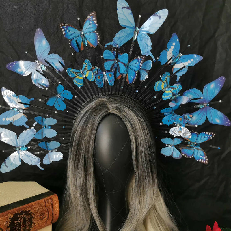Butterfly Blue halo crown headpiece, halo sun burst crown, halo crown, Elf crown, Sun Crown, Celestial blue Sun Shine Headpiece Fairy Crown