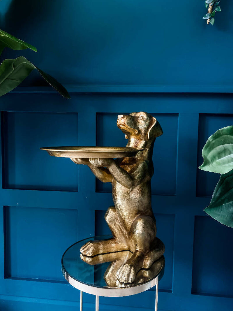Gold Claude Dog Holding Tray Statue