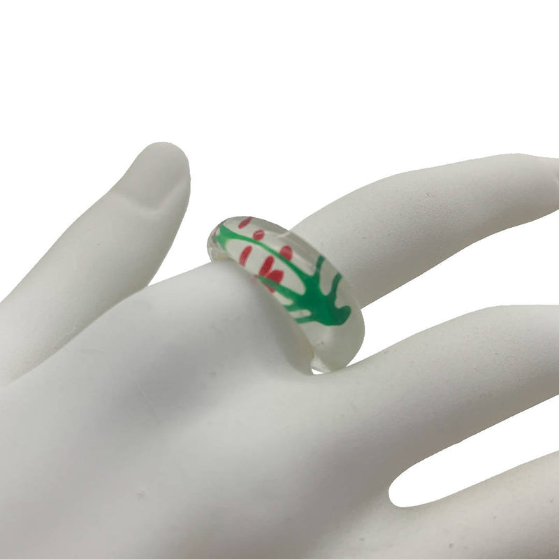 Vintage chunky colorful abstract glass ring with Christmas Holly Leaf Pattern