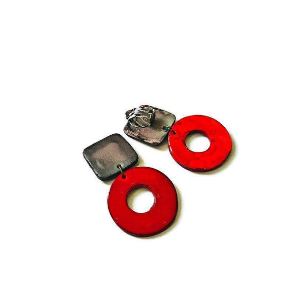 Edgy Clip On Earrings in Red & Grey- "Holly"