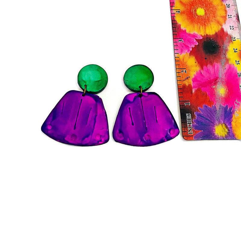 Wide Statement Earrings in Purple & Green- "Janet"