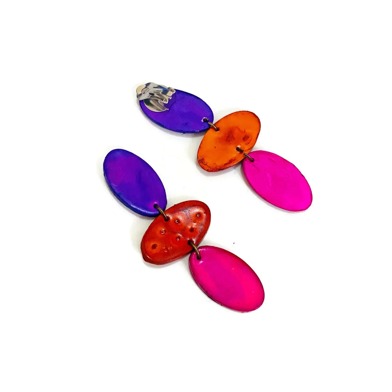 Bright Colorful Tri Color Clip On Earrings- "Abby"