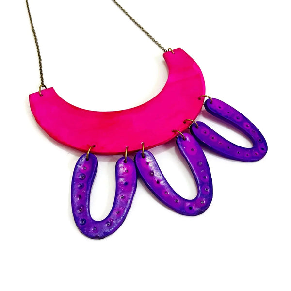 Unique Hot Pink Statement Necklace with Purple Arches