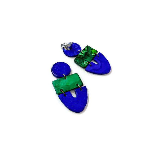 Colorful Clip On Earrings Handmade from Clay Painted Green Blue