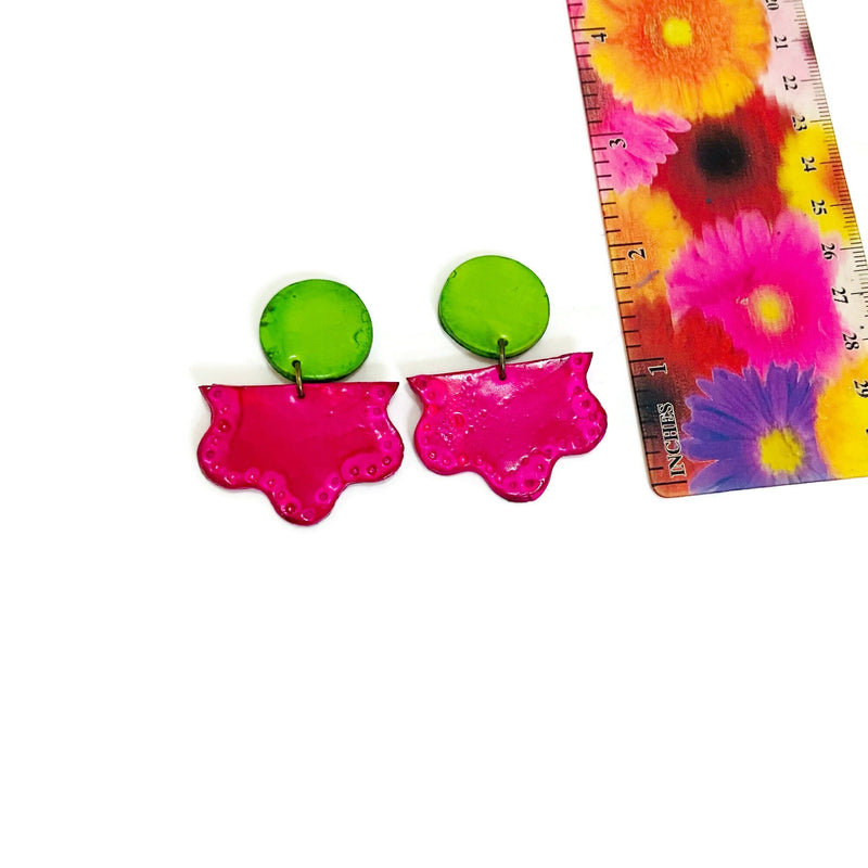 Green & Pink Statement Earrings Post or Clip On- "Tammy"