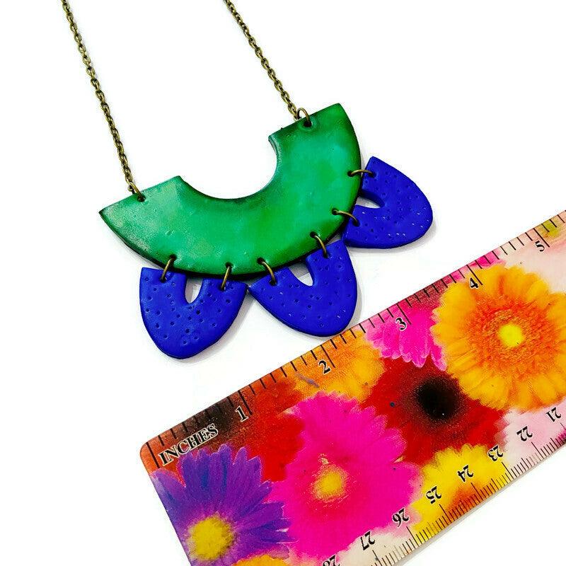 Clay Collar Statement Necklace Painted Green Blue