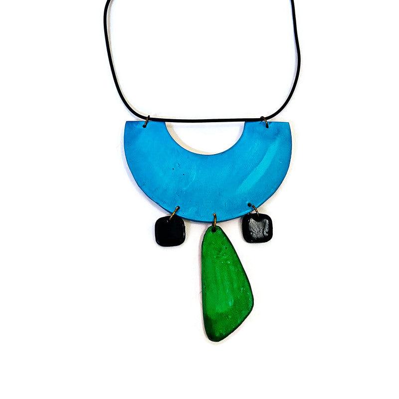 Quirky Statement Bib Necklace with Dangling Geometric Shapes- "Ricki"