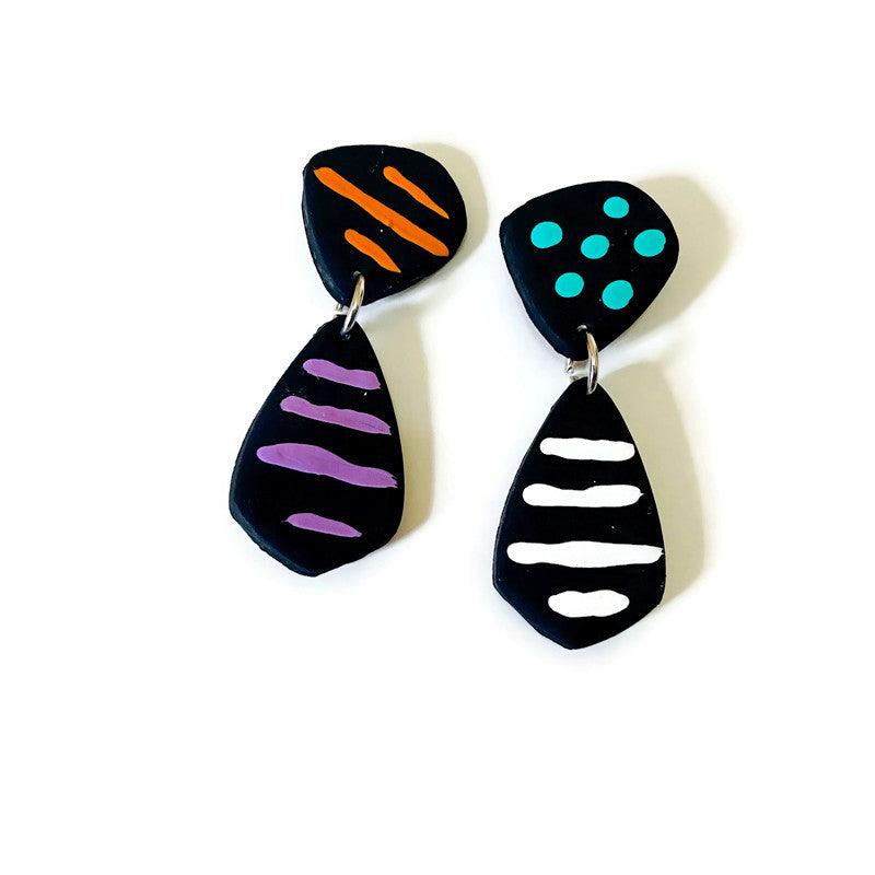 Large Abstract Earrings Black with Colorful Stripes & Polka Dots