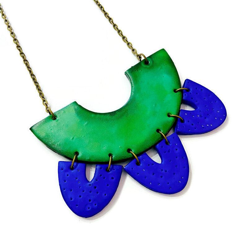 Clay Collar Statement Necklace Painted Green Blue