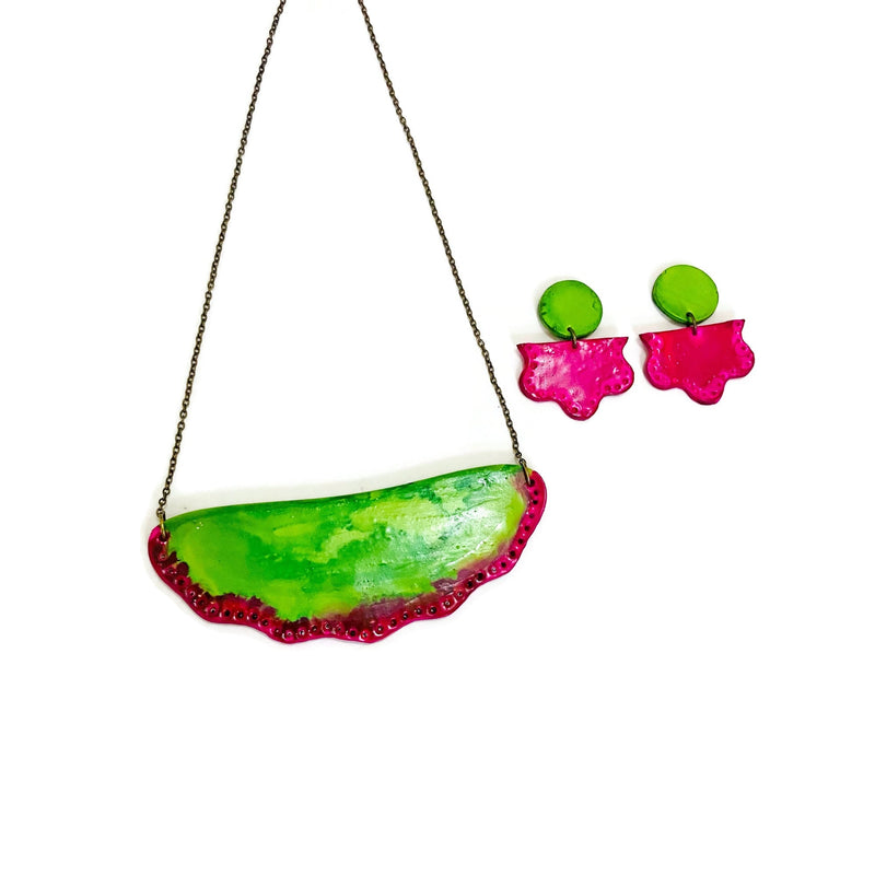 Green & Pink Statement Earrings Post or Clip On- "Tammy"