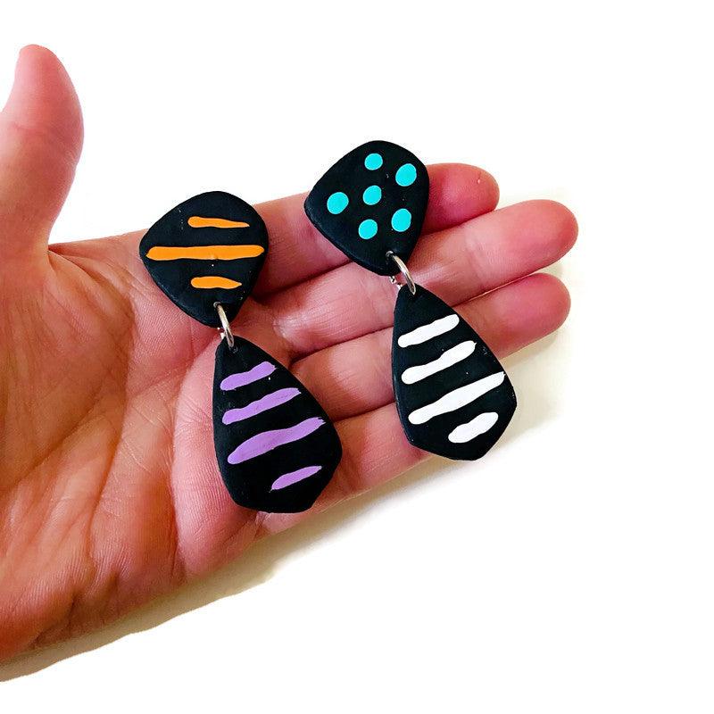 Large Abstract Earrings Black with Colorful Stripes & Polka Dots