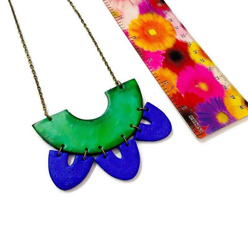 Clay Collar Statement Necklace Painted Green Blue