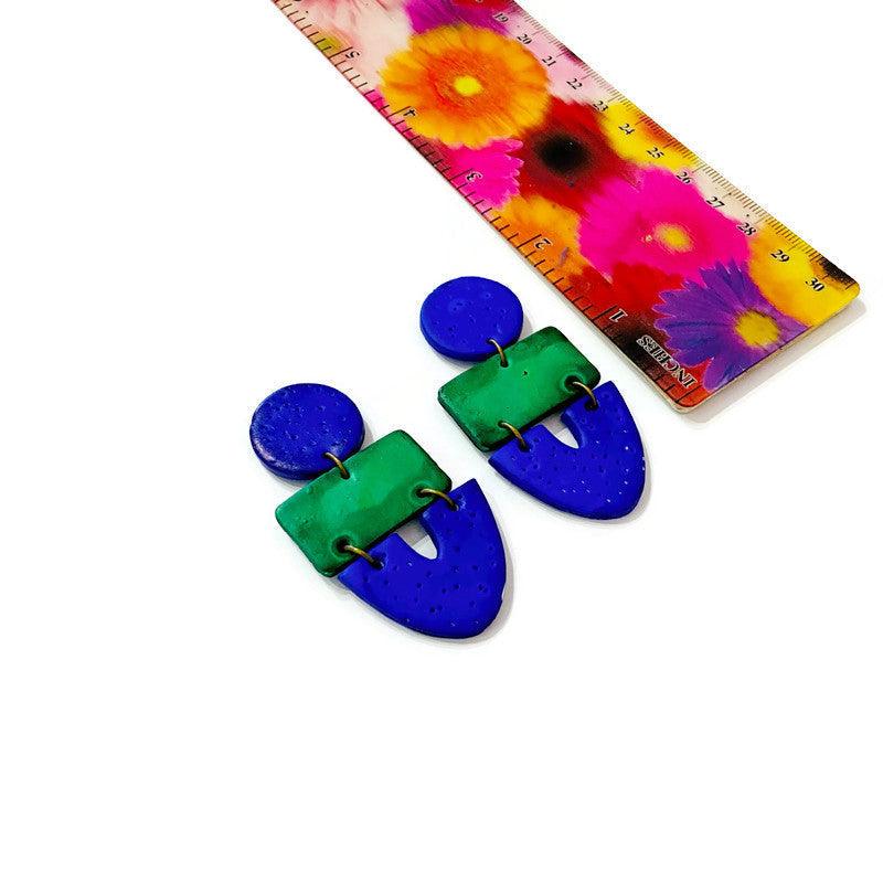 Colorful Clip On Earrings Handmade from Clay Painted Green Blue