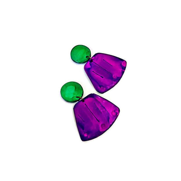 Wide Statement Earrings in Purple & Green- "Janet"