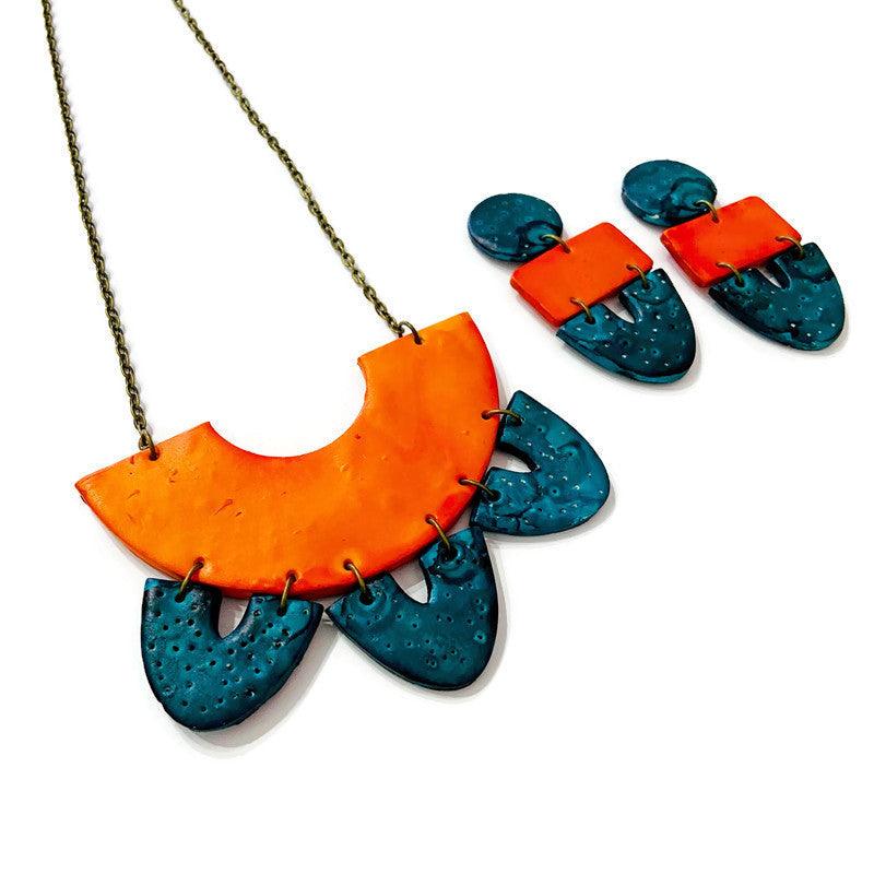 Unique Jewelry Set with Bib Necklace and Statement Earrings