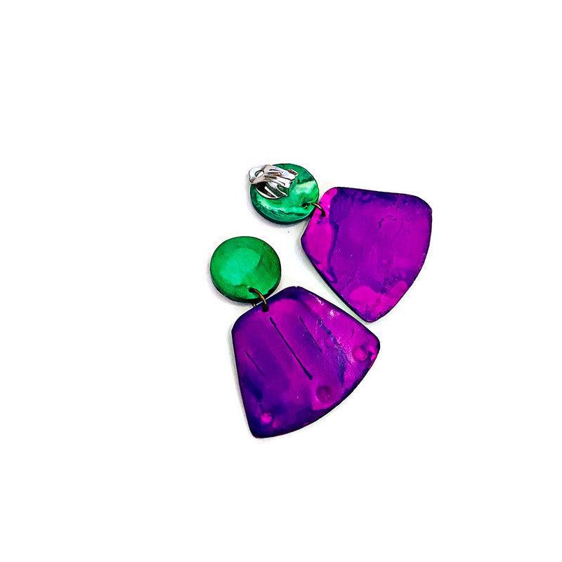 Wide Statement Earrings in Purple & Green- "Janet"