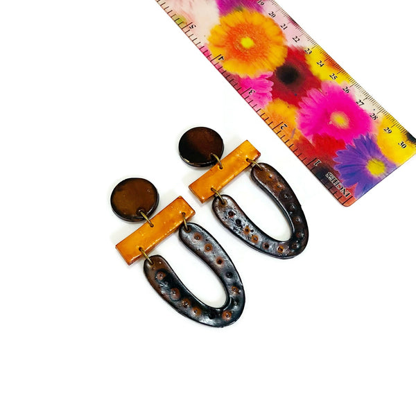 Yellow & Brown Clay Statement Earrings Handmade - "Roxy"