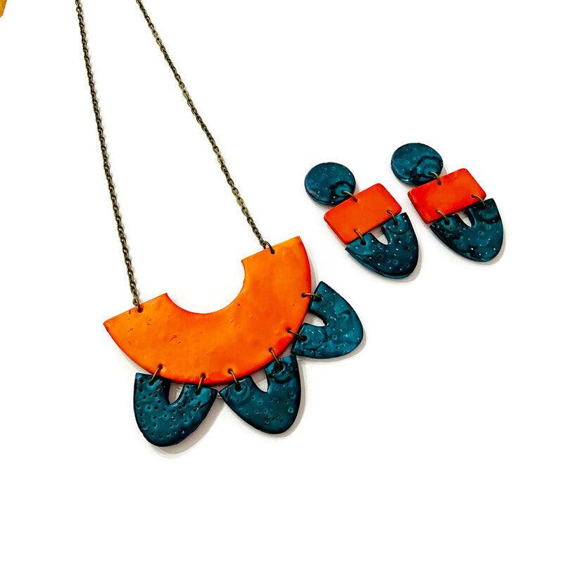 Unique Statement Necklace in Orange & Teal