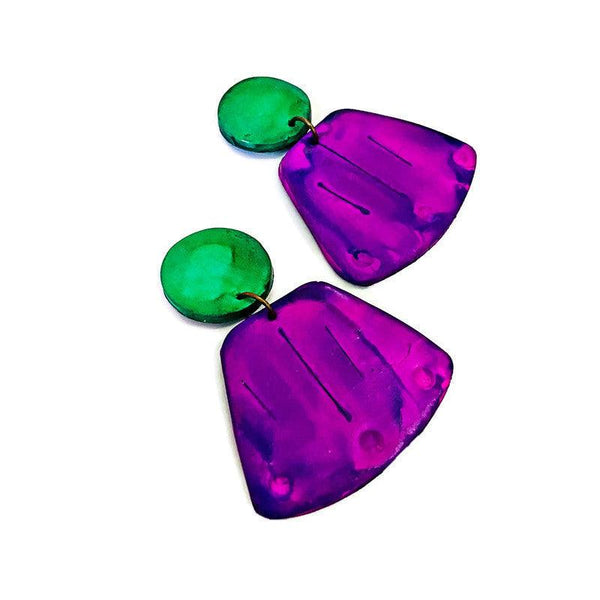 Wide Statement Earrings in Purple & Green- "Janet"