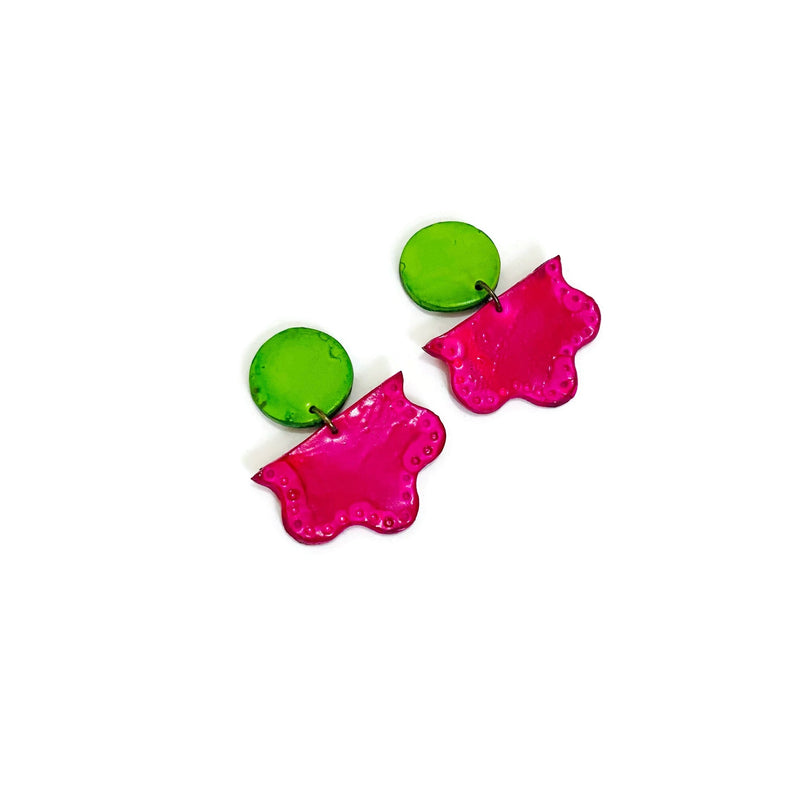 Green & Pink Statement Earrings Post or Clip On- "Tammy"