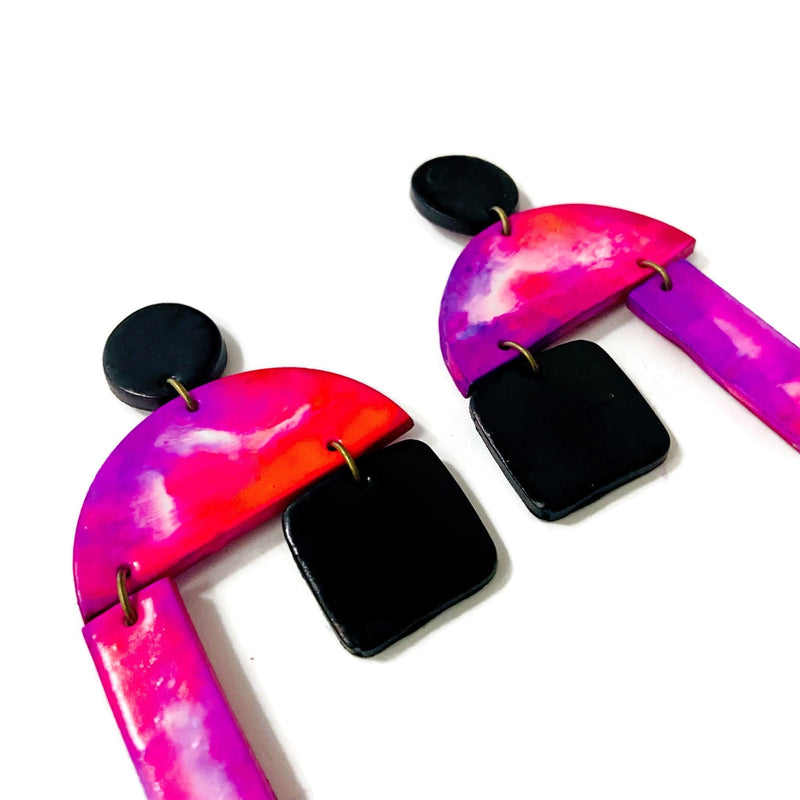 80s Oversized Clip On Earrings in Marble Hot Pink & Black