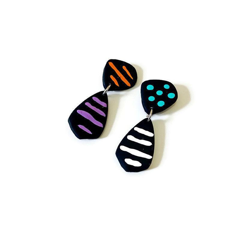 Large Abstract Earrings Black with Colorful Stripes & Polka Dots