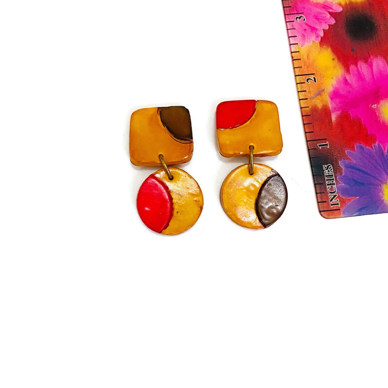 Mustard Yellow Earrings with Red and Brown Dots