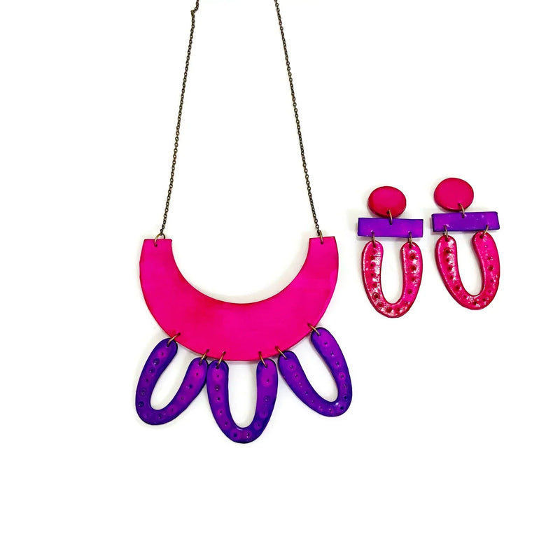 Unique Hot Pink Statement Necklace with Purple Arches